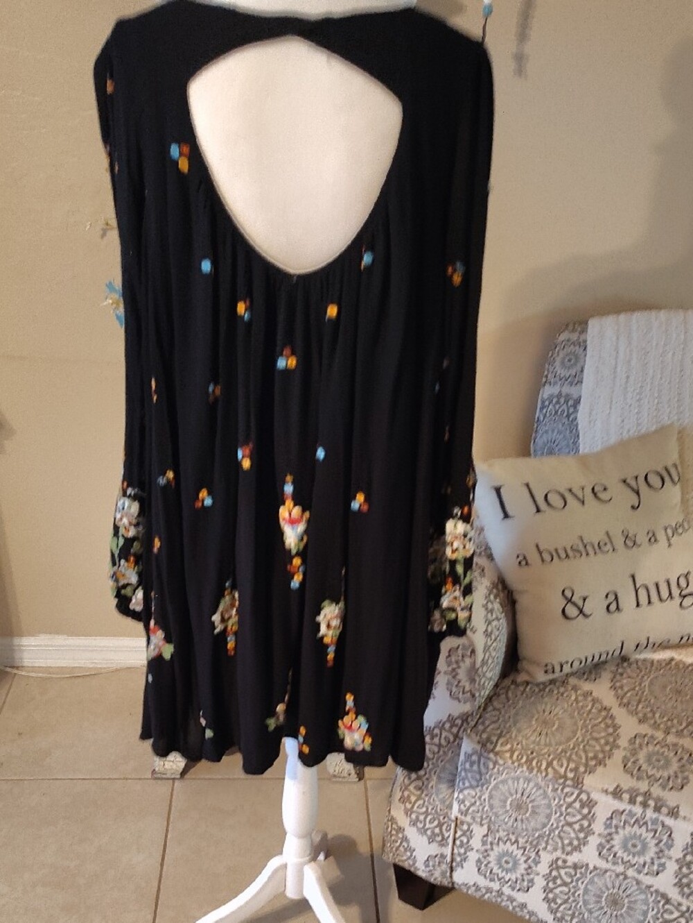 Free People Black Boho Floral  Open Back Mini Dress with Embroidered Details - Picture 7 of 11
